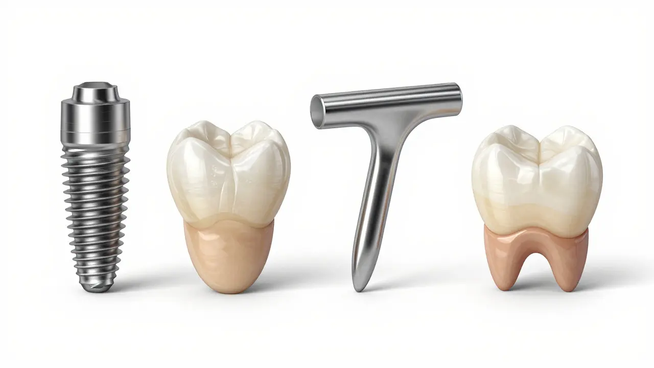 Návrh zobrazující dentální implantát, korunku, most a inlay na bílém pozadí