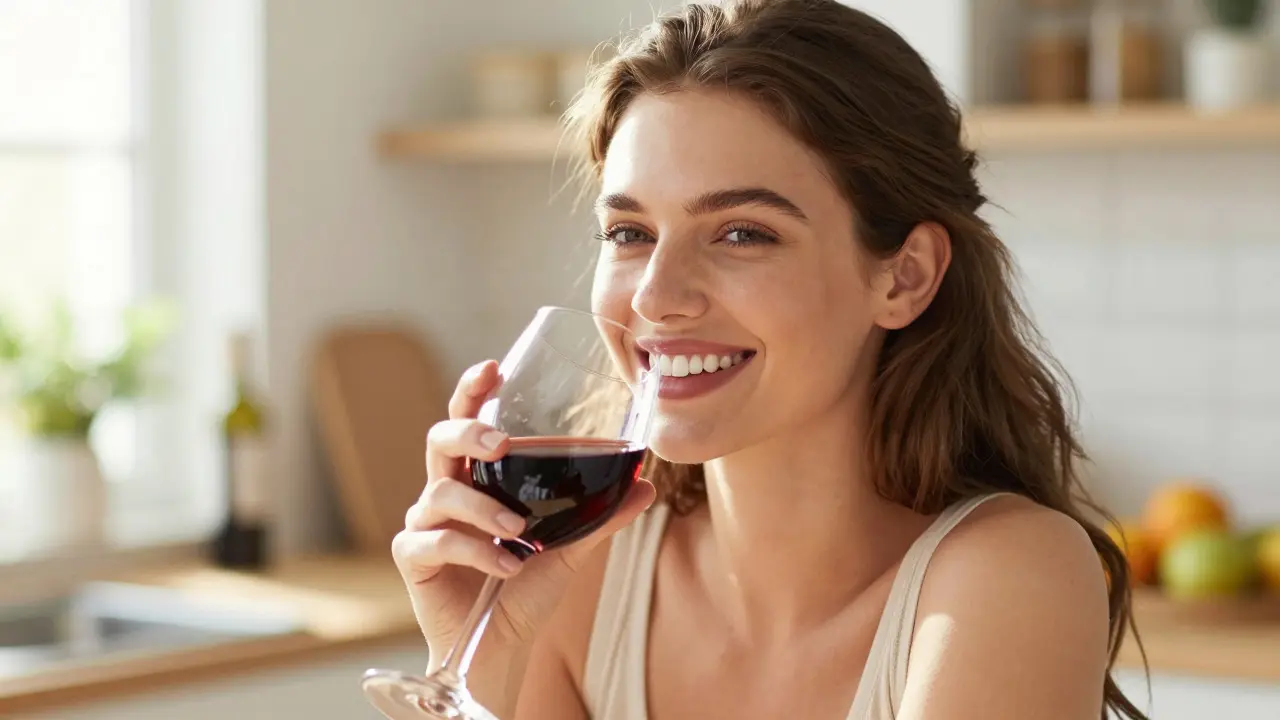 Smiling woman holding a drink, showcasing a healthy and aesthetic smile