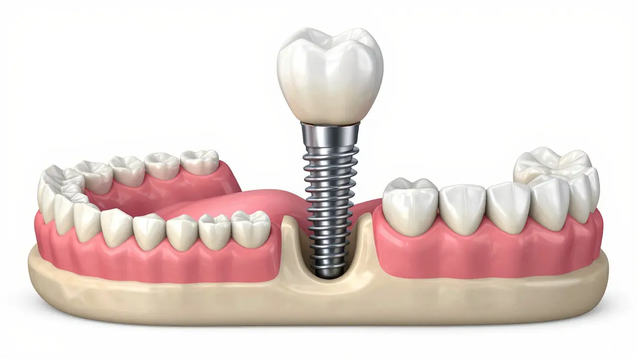 Srovnání zubních náhrad: náhrada, implantát a most v řezu