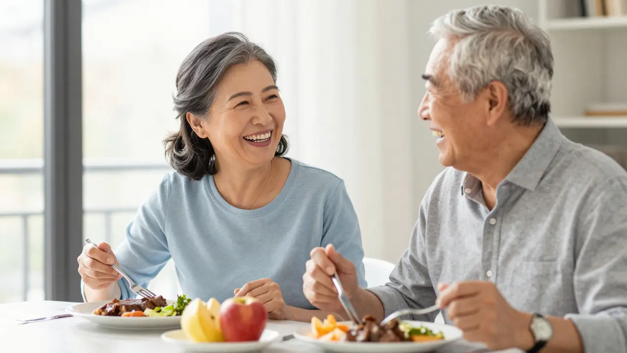 Úsměv seniorů při jídle symbolizující komfort nových zubů