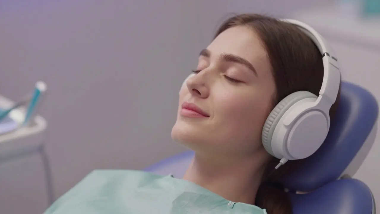 Uvolněný pacient s sluchátky pro relaxaci před návštěvou zubaře