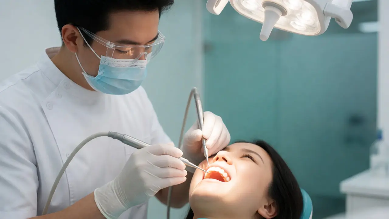 Zubař provádějící endodontickou léčbu kořenových kanálků na předních zubech