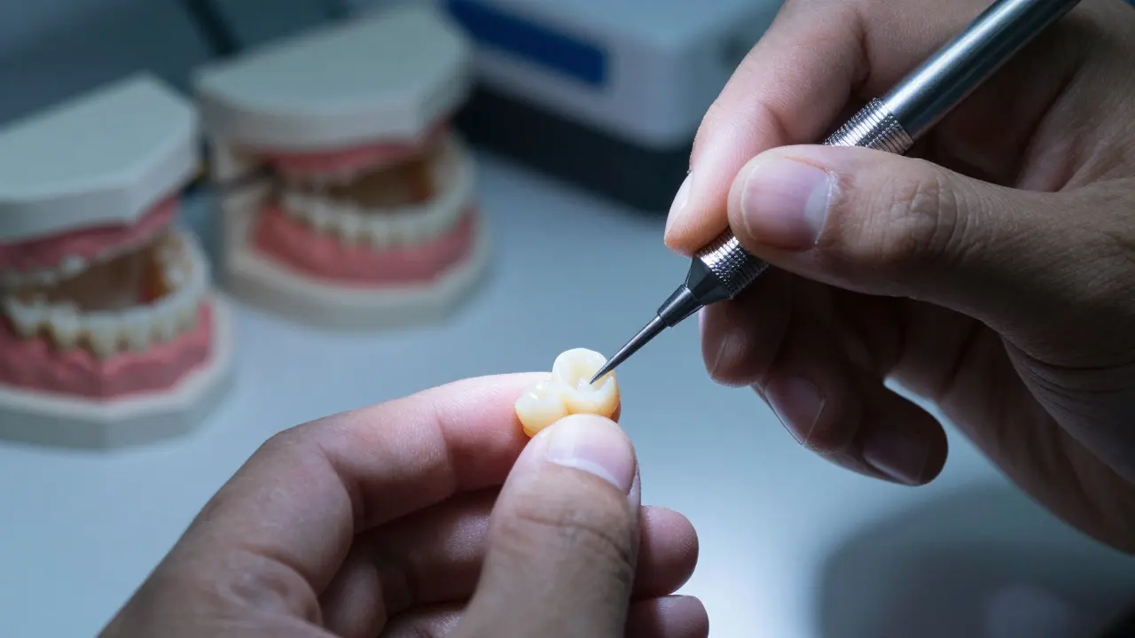 Zubní technik leští keramickou korunku v laboratoři