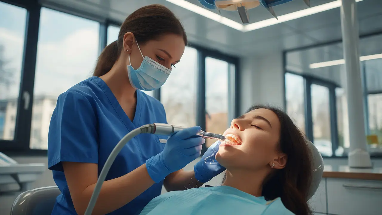 Dentální hygienistka odstraňuje kámen ultrazvukem