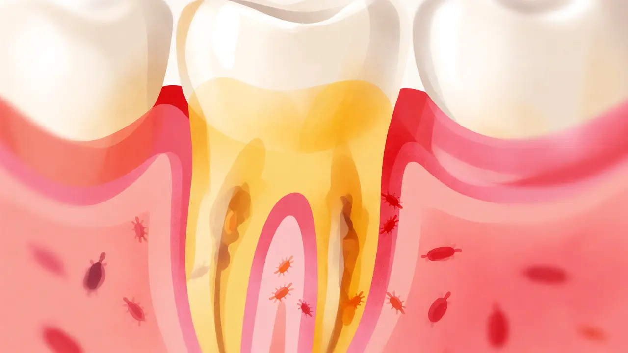 Ilustrace zubního kamene pod linií dásní
