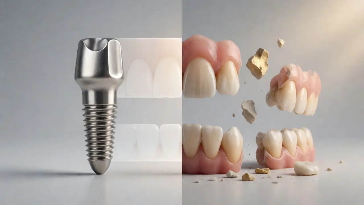 Konceptuální porovnání trvanlivosti implantátu a můstku