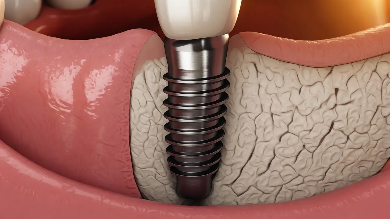 Řez titanovým zubním implantátem integrovaným do čelistní kosti