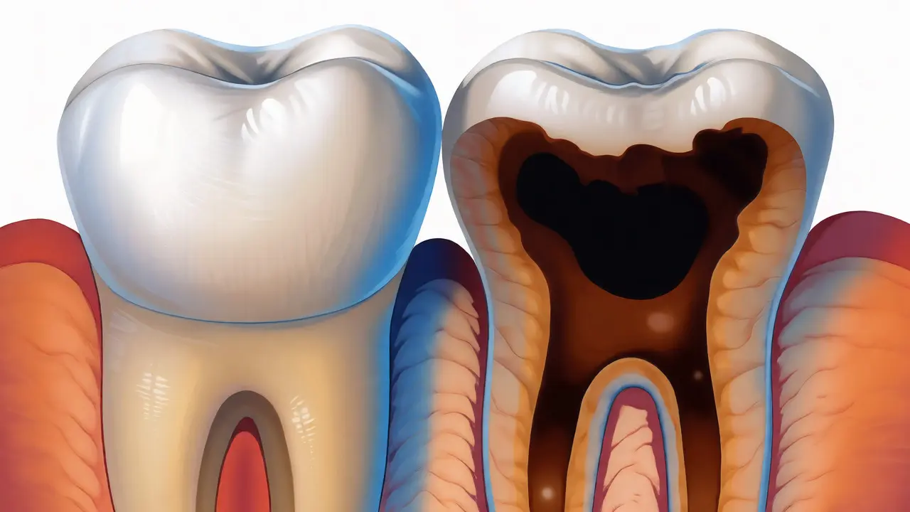 Řez zubem znázorňující skrytý kaz pod povrchem skloviny v dentinu