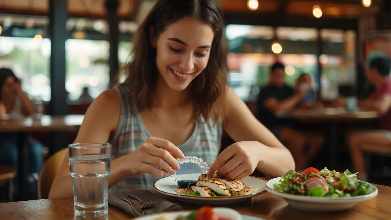 Žena odkládá rovnátka před jídlem v restauraci
