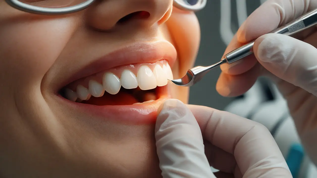 Zubař aplikuje keramický vinyr na přední zub pro estetickou náhradu