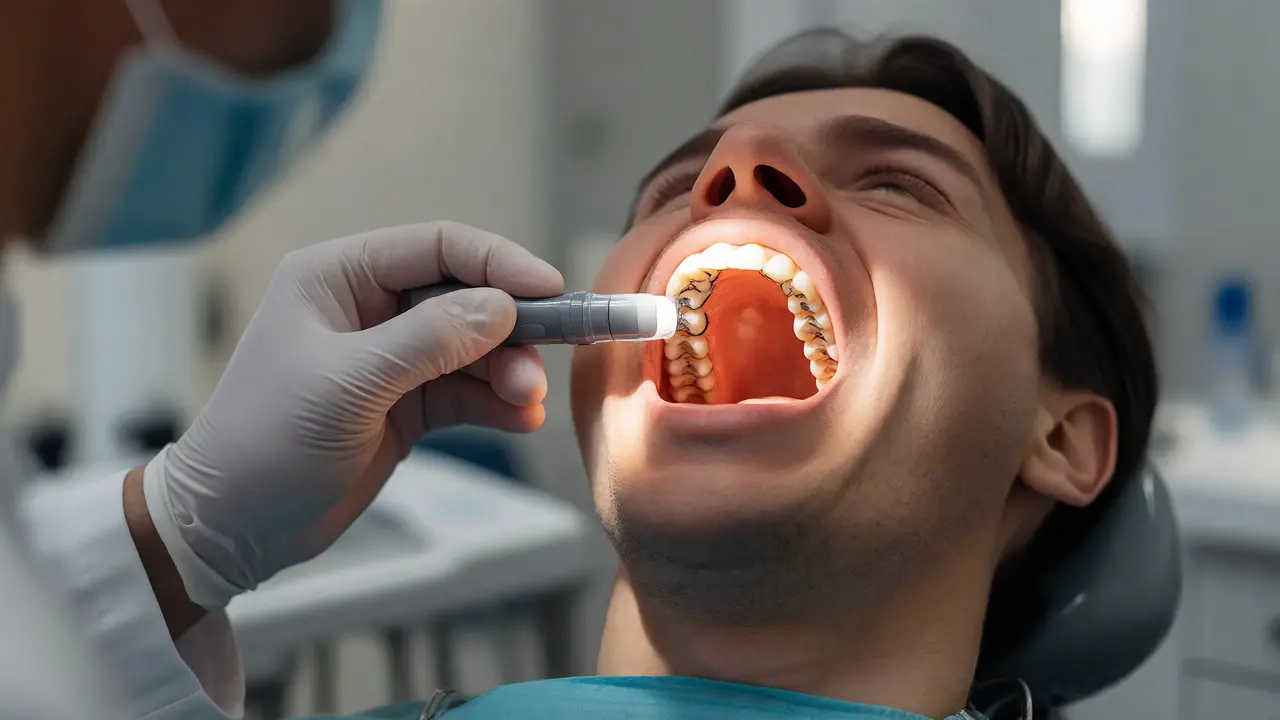 Zubní vyšetření s prosvícením zubů odhalující pruhy