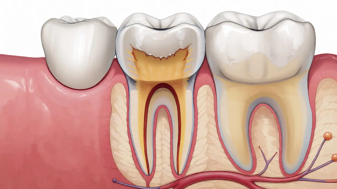 Anatomický řez předním řezákem s viditelnou dření a kazem u krčku