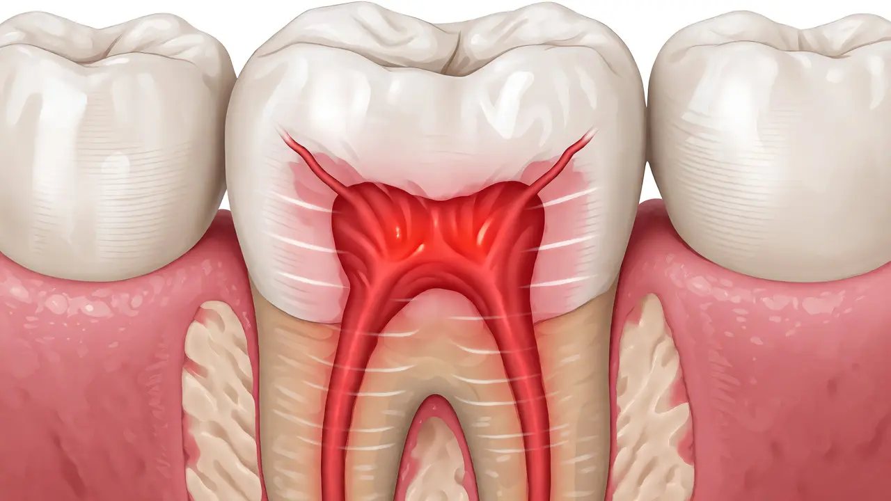 Anatomický řez zubem s červeně zánětlivou dření