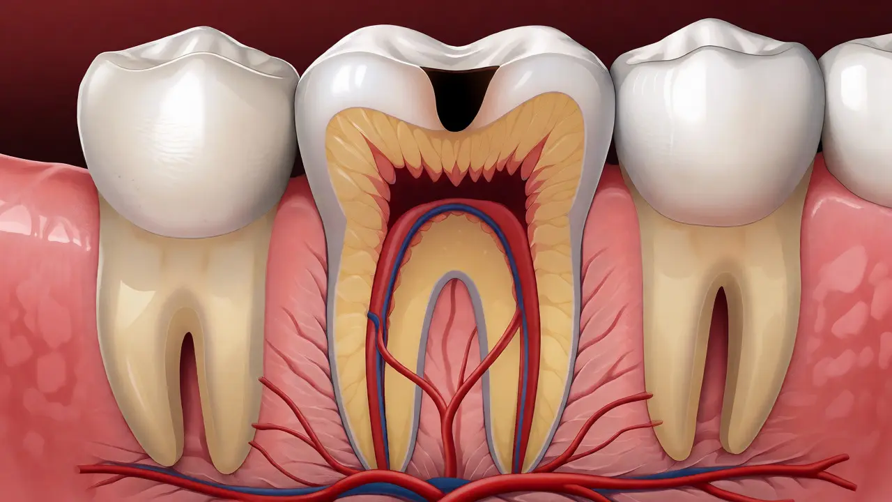 Anatomický řez zubem ukazující sklovinu, dentin a nervy s počínajícím kazem