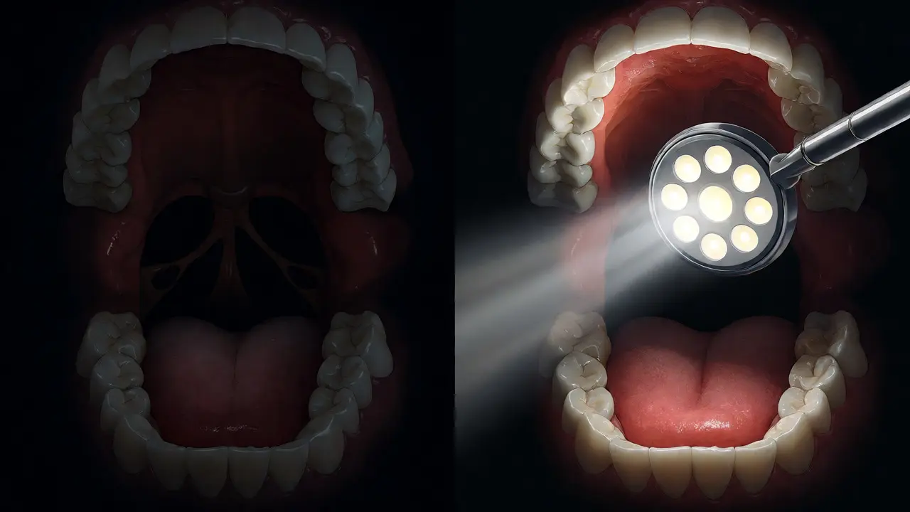 Dentální zrcátko s LED světlem osvětluje skryté detaily v ústech