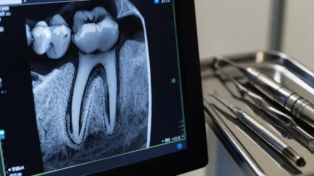 Detailní CBCT snímek složitě uloženého zubu moudrosti
