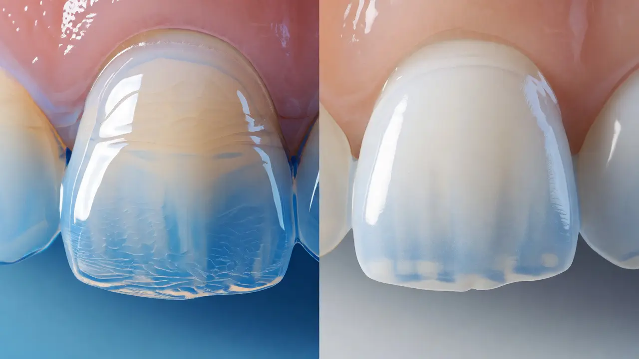 Detailní makro snímek srovnávající průsvitnou keramickou a neprůhlednou kompozitní fasety.
