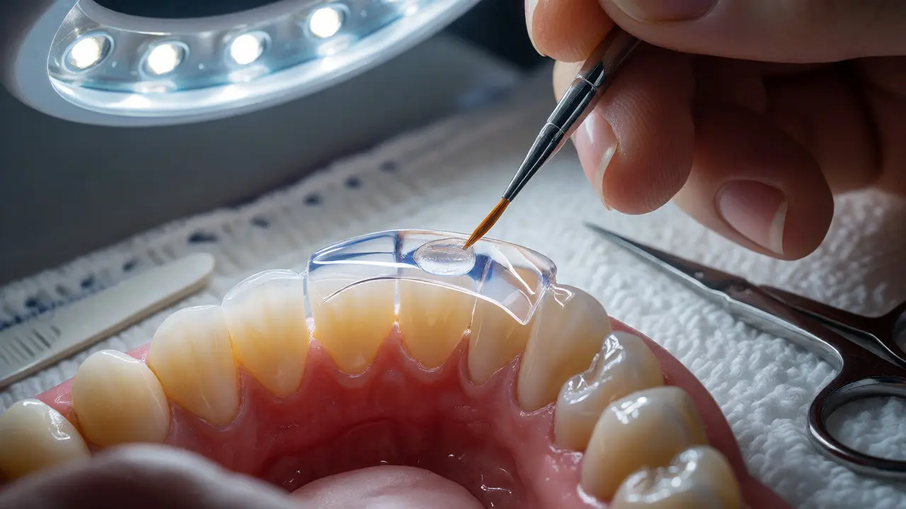 Detailní záběr na nanášení lepidla na tenkou estetickou nálepku zubu.