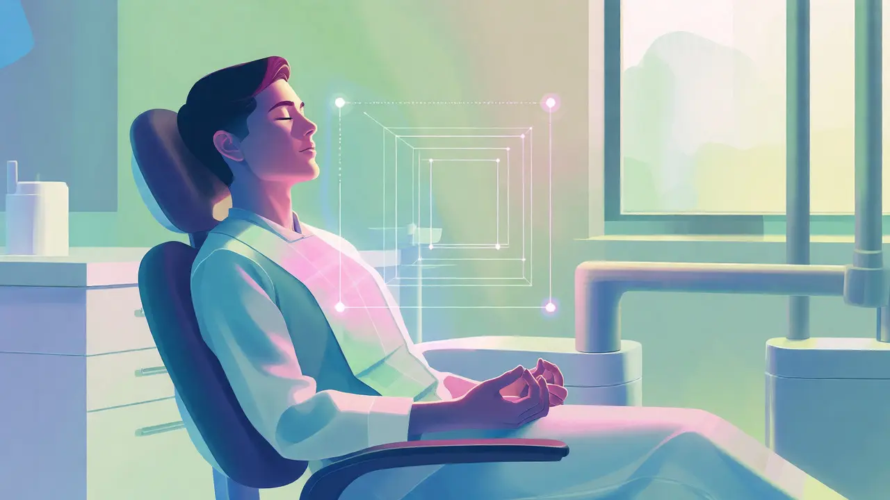 Ilustrace klidného dýchání a relaxace pacienta během ošetření