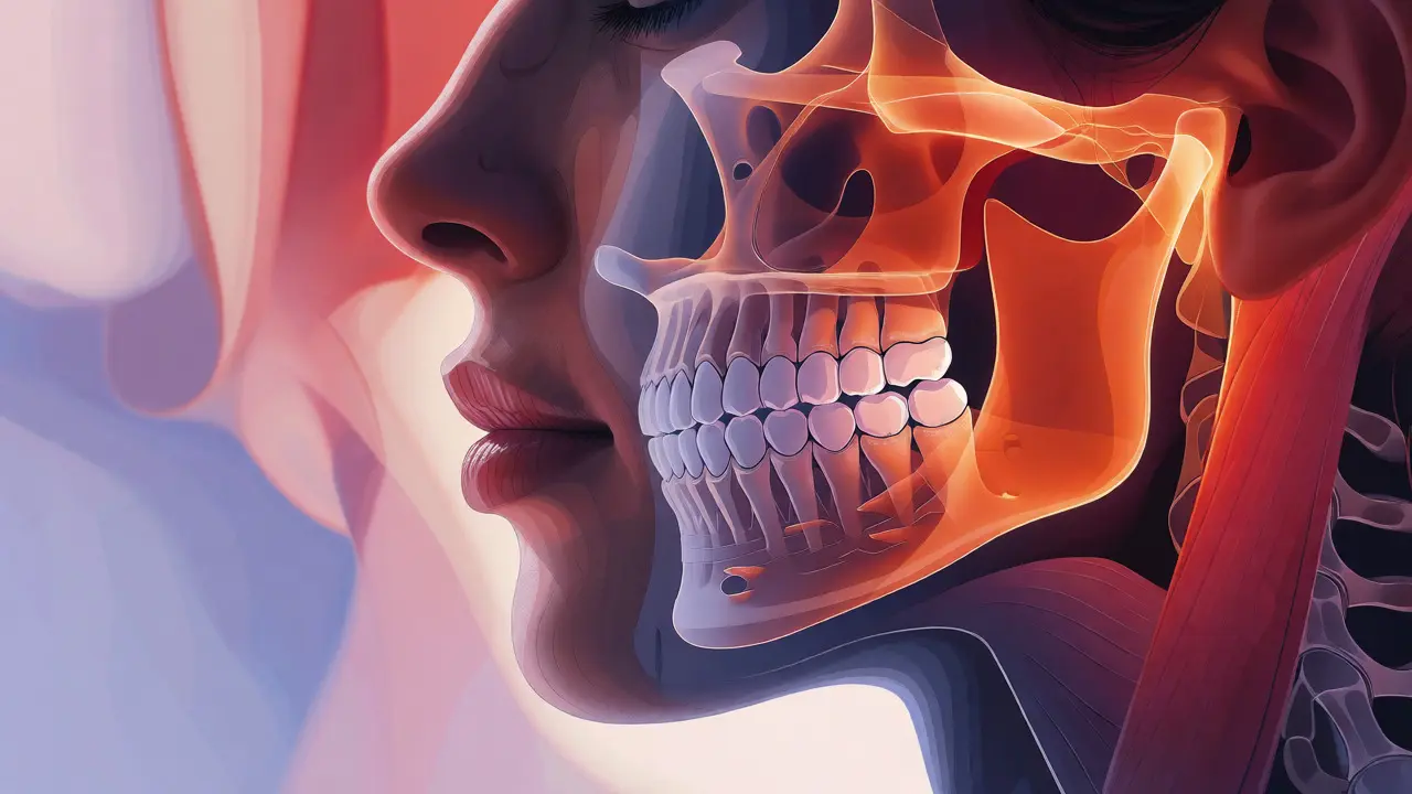 Ilustrace napětí v čelistním kloubu a poškozených zubů při bruxismu