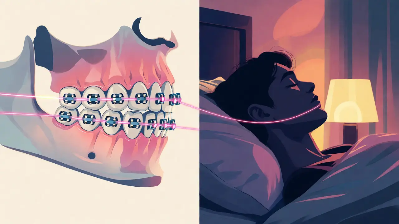Ilustrace spojující mechaniku rovnátek s klidným spánkem