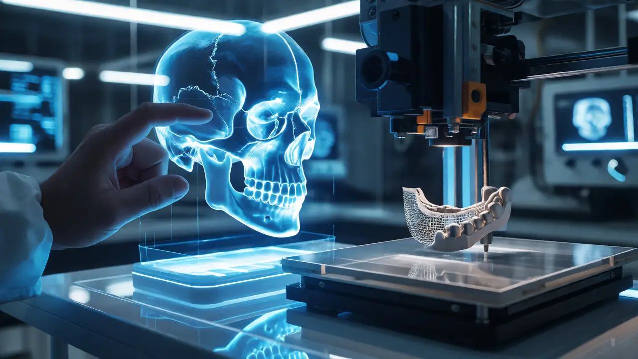 Lékař plánuje operaci pomocí modrého 3D holografického modelu lebky a 3D tisku.