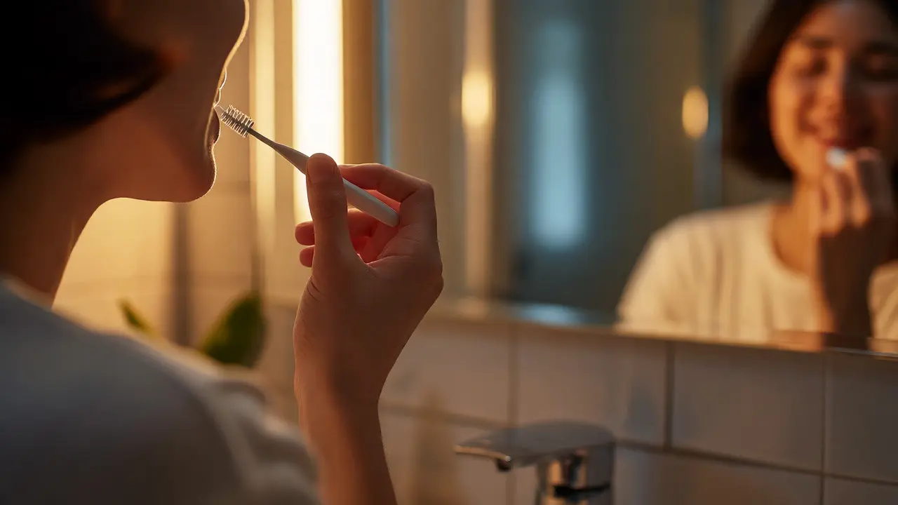 Osoba používající malý mezizubní kartáček při večerní hygieně zubů v moderní koupelně.