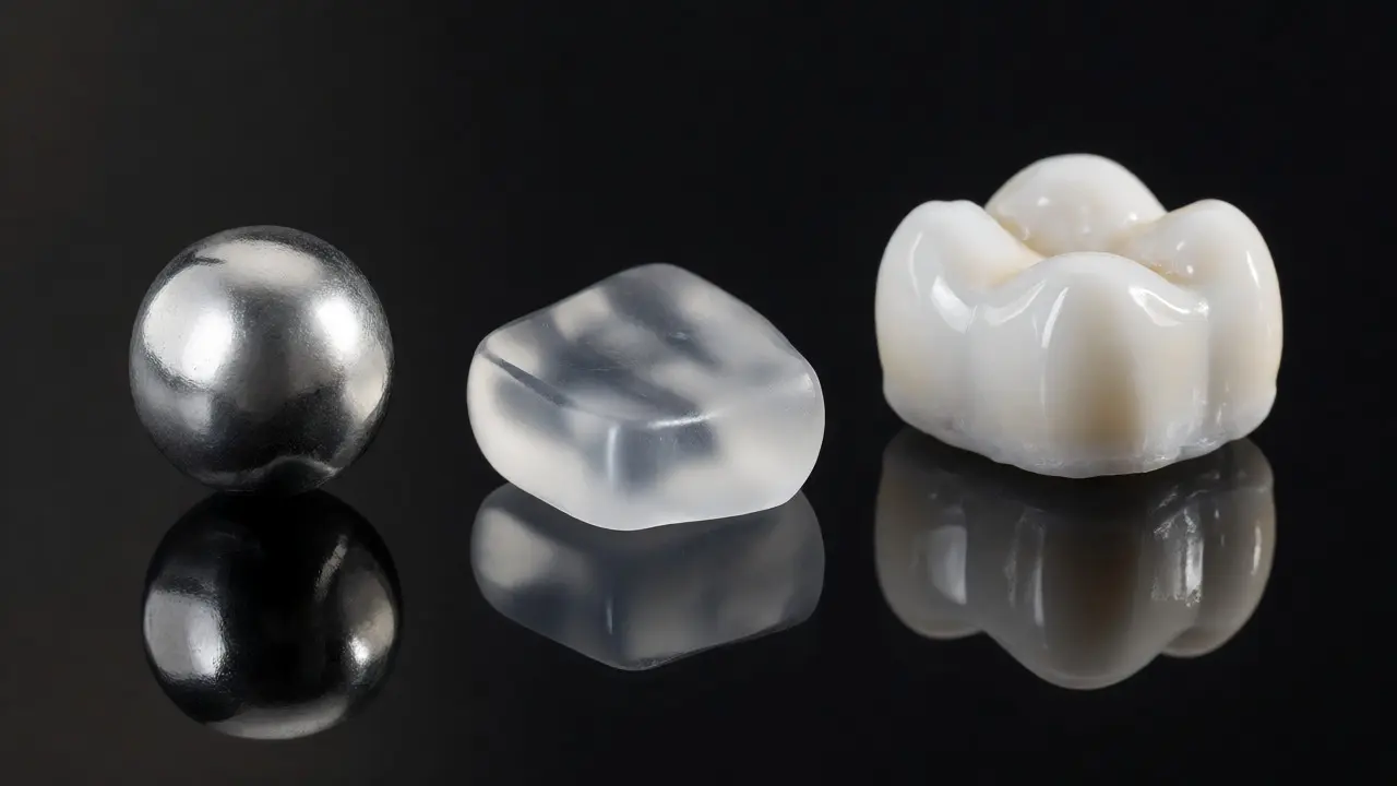 Porovnání tří typů zubních výplní: amalgám, skloionomer a kompozit.
