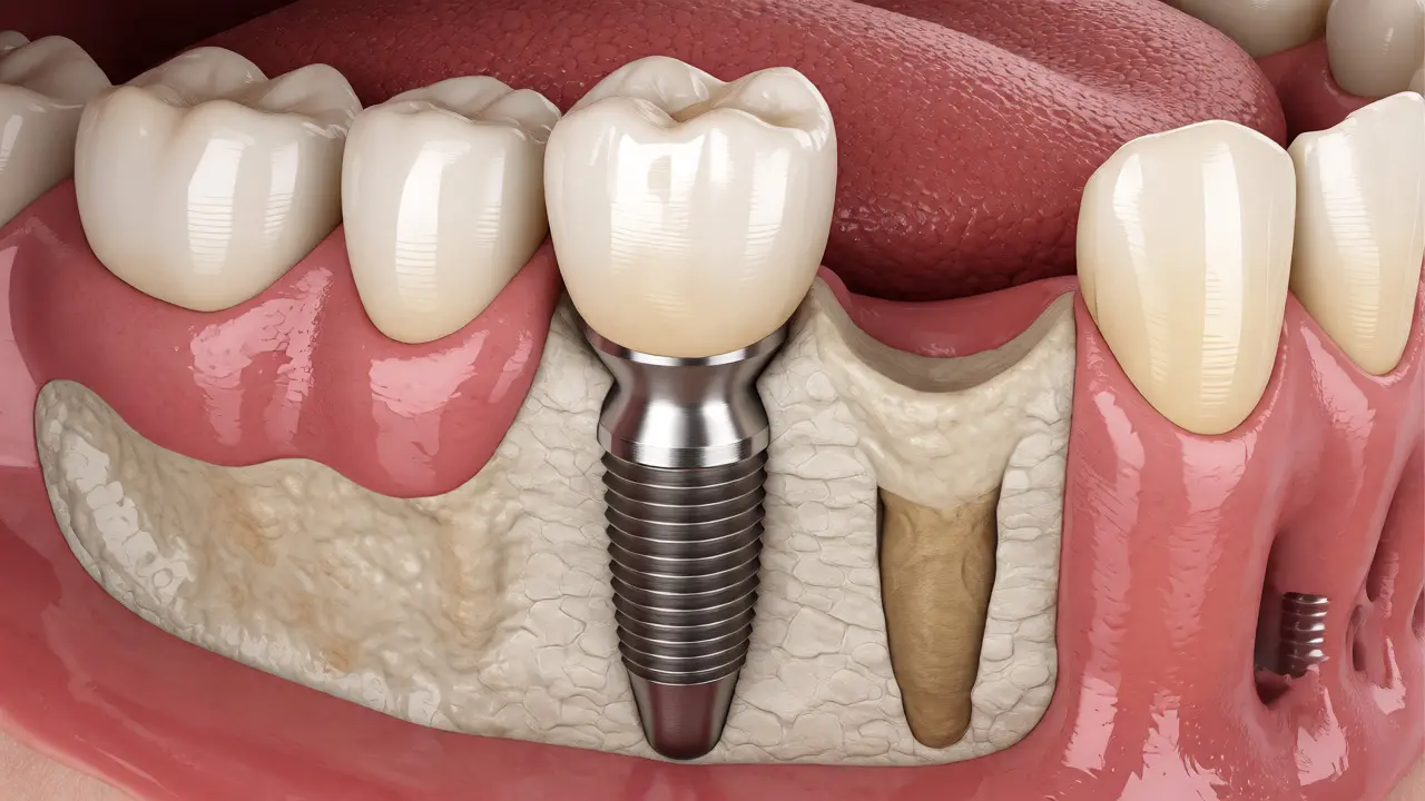 Řez čelistí ukazující zhojený zubní implantát s korunou