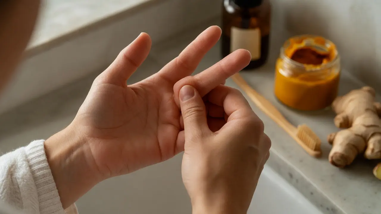 Ruce provádějící akupresuru bodu Hegu pro zdraví úst